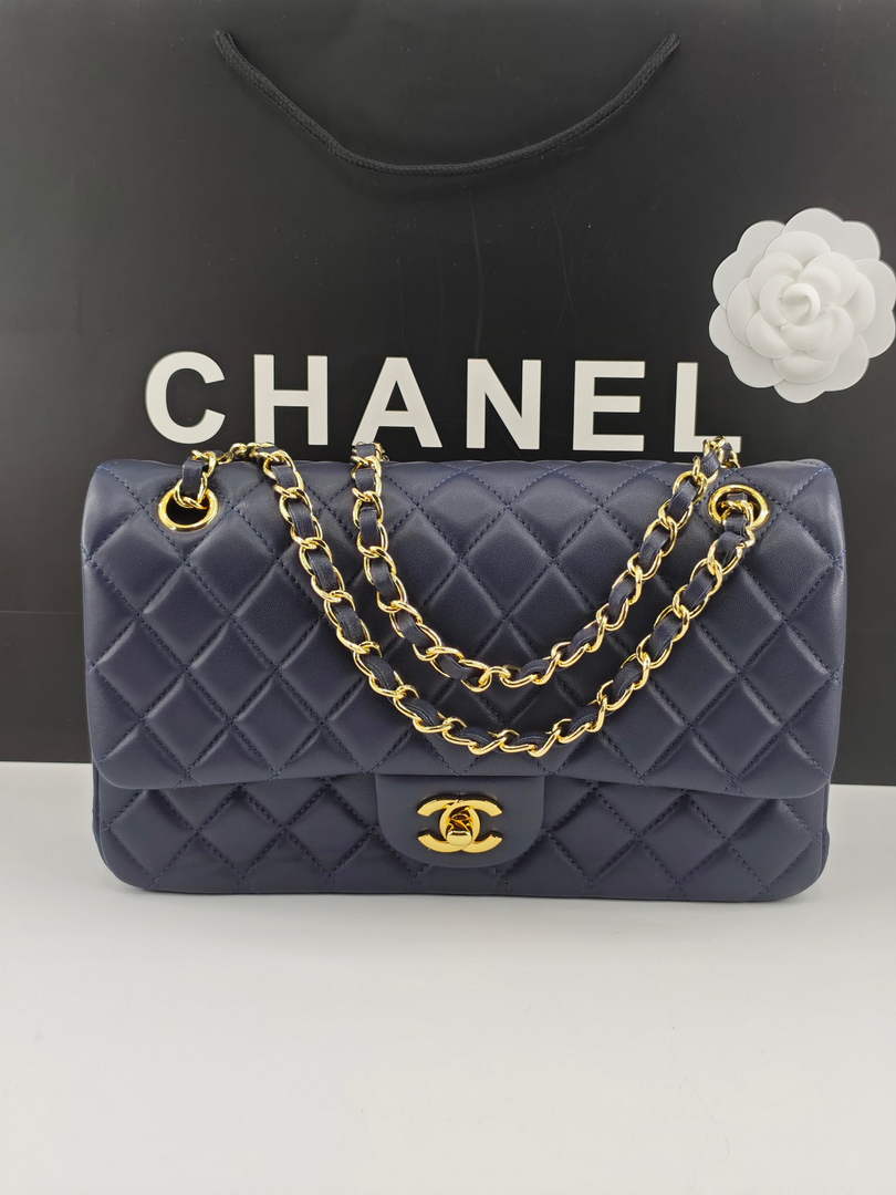 Chanel Classic Handbag, A01112 Navy Blue Lambskin Gold