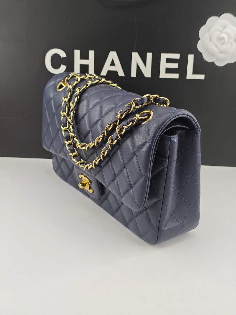 Chanel Classic Handbag, A01112 Navy Blue Lambskin Gold
