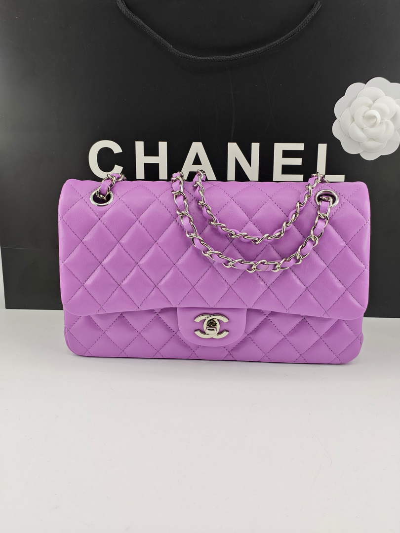 Chanel Classic Handbag, A01112 Purple Lambskin Silver