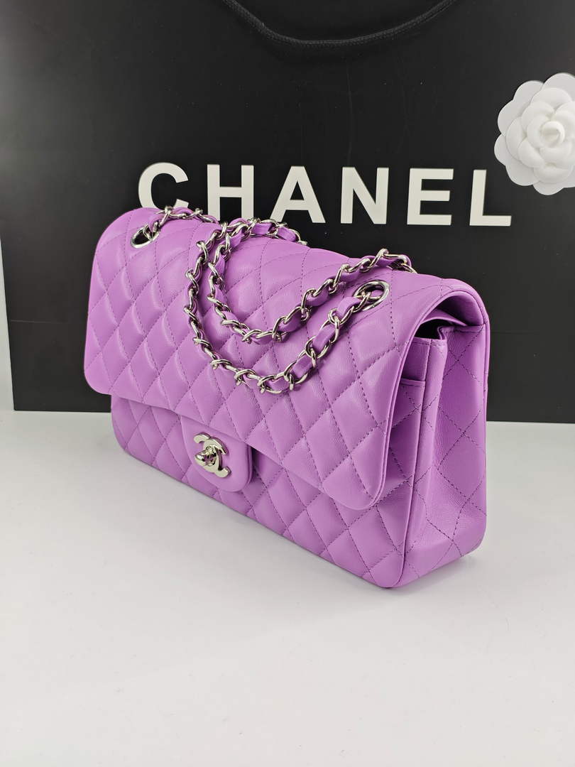 Chanel Classic Handbag, A01112 Purple Lambskin Silver