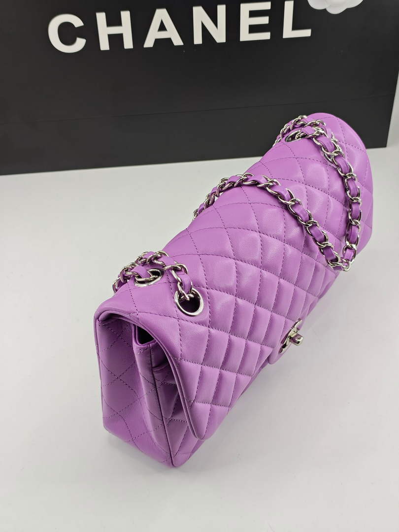 Chanel Classic Handbag, A01112 Purple Lambskin Silver