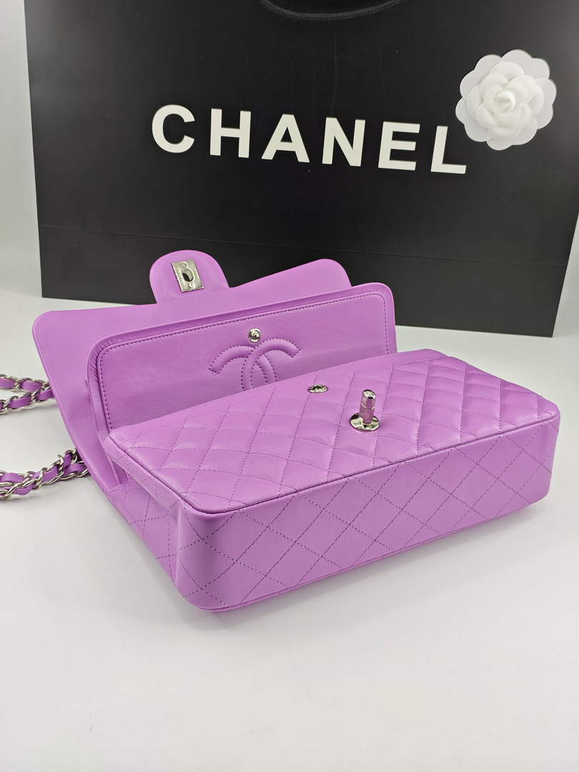 Chanel Classic Handbag, A01112 Purple Lambskin Silver