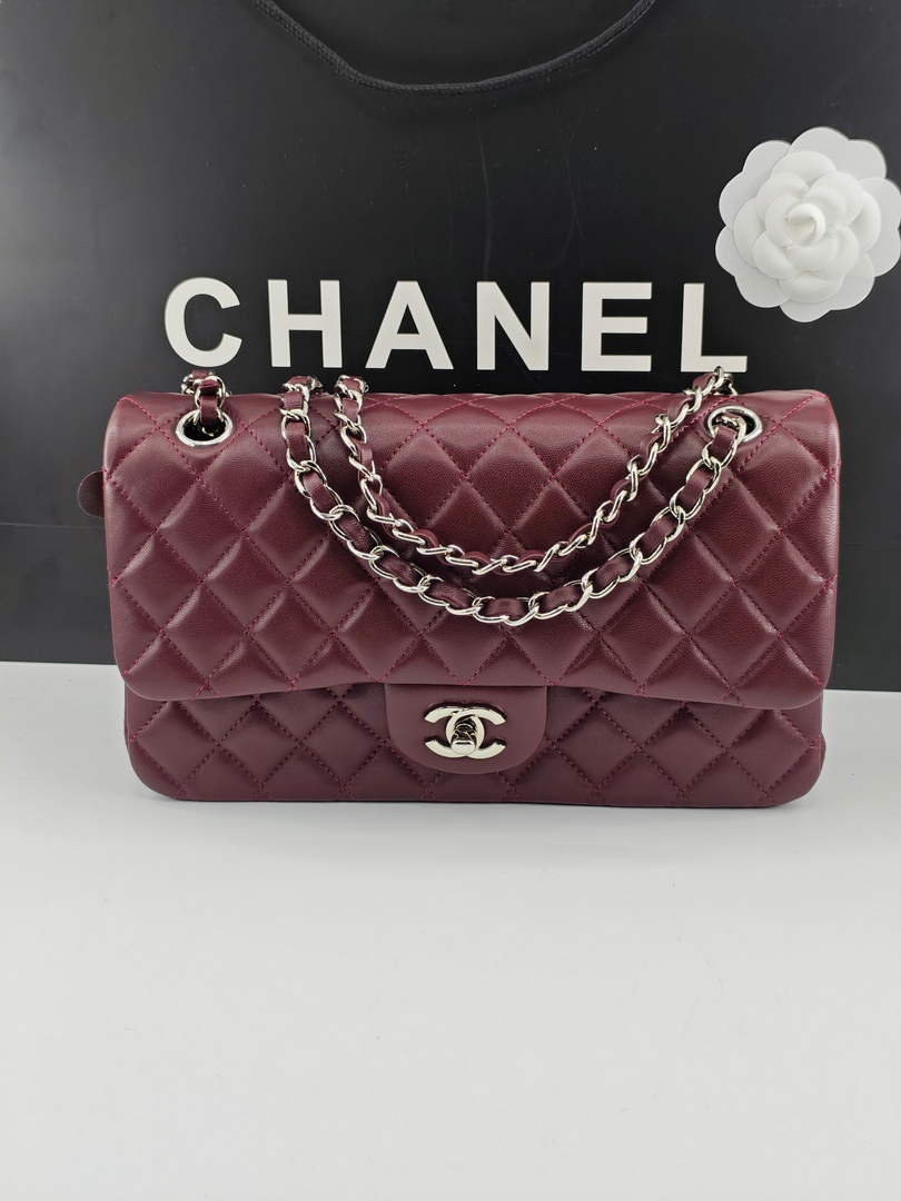 Chanel Classic Handbag, A01112 Wine Red Lambskin Silver
