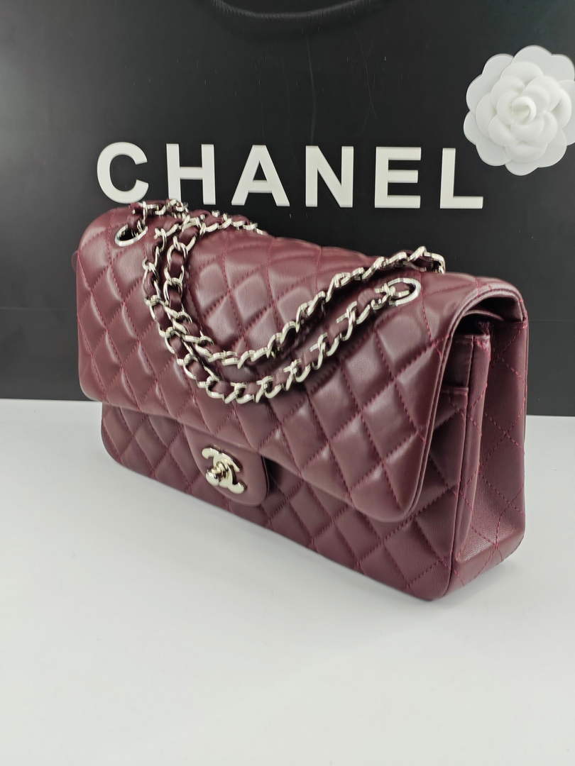 Chanel Classic Handbag, A01112 Wine Red Lambskin Silver