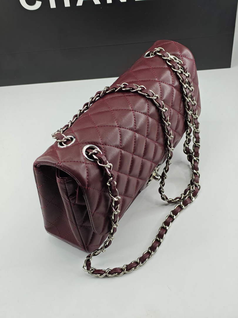 Chanel Classic Handbag, A01112 Wine Red Lambskin Silver