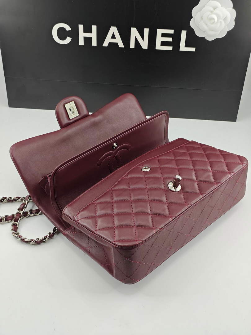 Chanel Classic Handbag, A01112 Wine Red Lambskin Silver