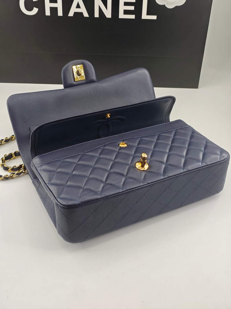 Chanel Classic Handbag, A01112 Navy Blue Lambskin Gold