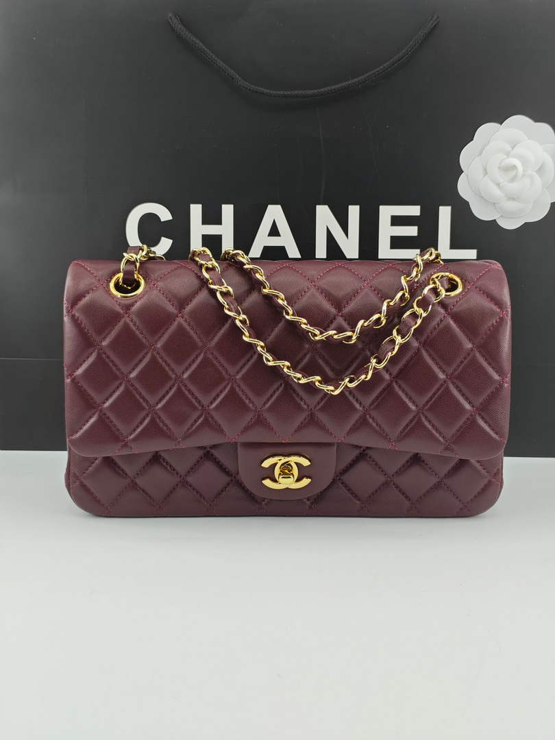 Chanel Classic Handbag, A01112 Wine Red Lambskin Gold