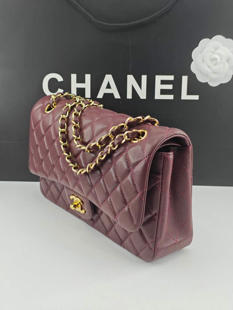 Chanel Classic Handbag, A01112 Wine Red Lambskin Gold