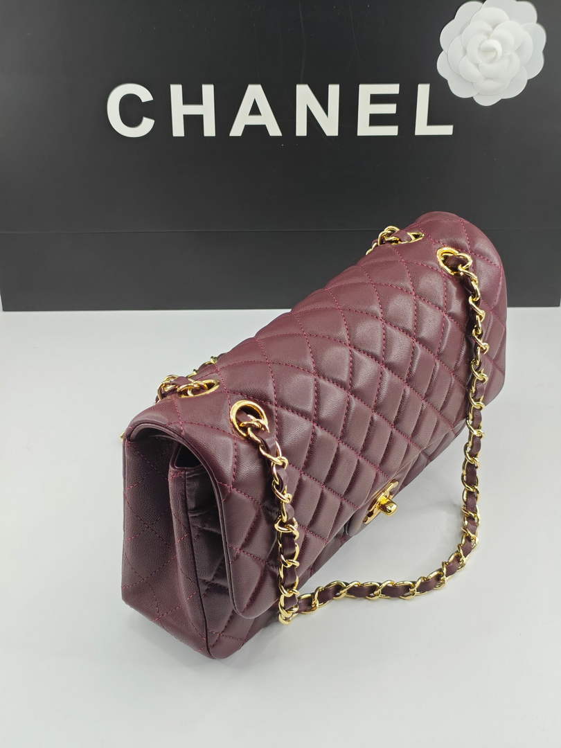 Chanel Classic Handbag, A01112 Wine Red Lambskin Gold