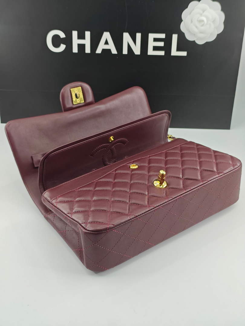 Chanel Classic Handbag, A01112 Wine Red Lambskin Gold