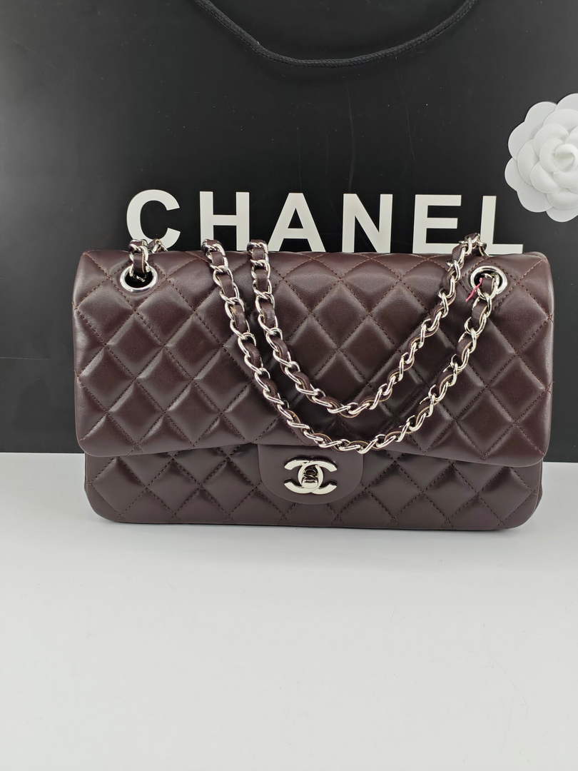 Chanel Classic Handbag, A01112 Coffee Lambskin Silver