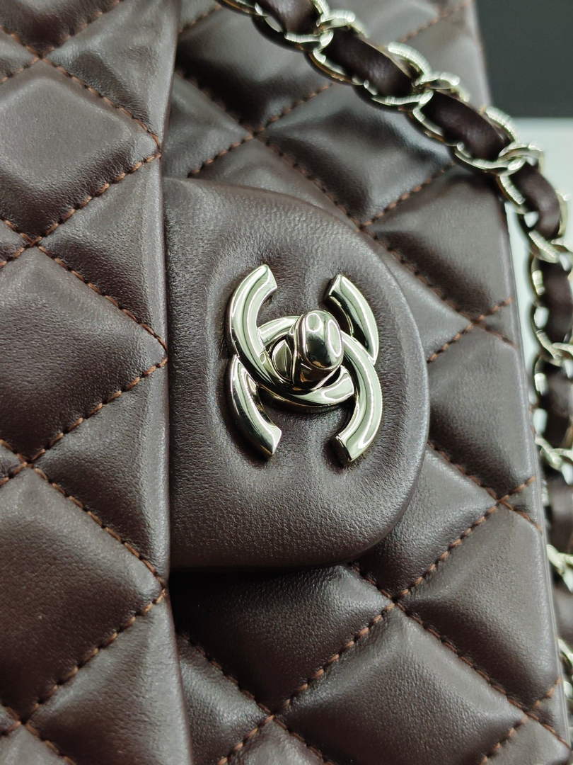 Chanel Classic Handbag, A01112 Coffee Lambskin Silver