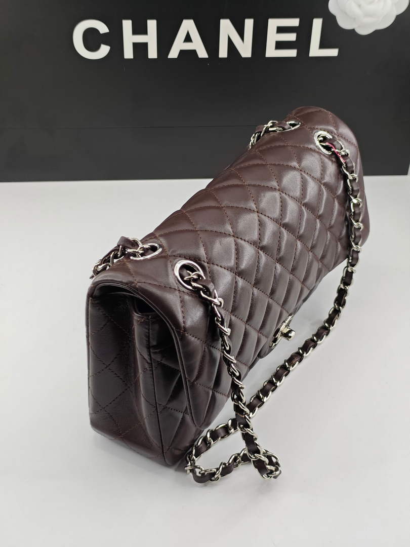 Chanel Classic Handbag, A01112 Coffee Lambskin Silver
