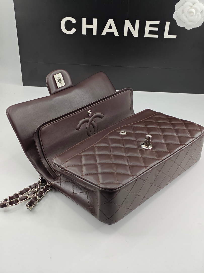 Chanel Classic Handbag, A01112 Coffee Lambskin Silver