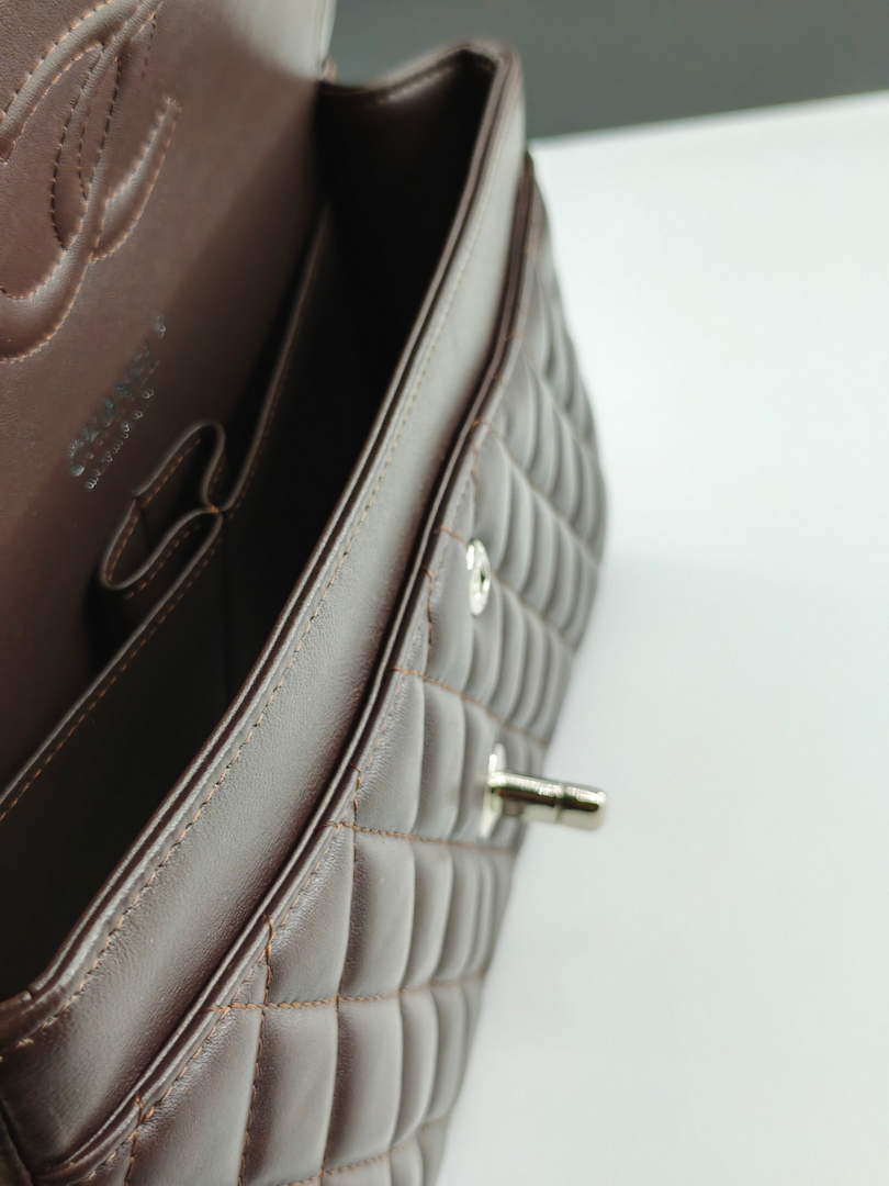 Chanel Classic Handbag, A01112 Coffee Lambskin Silver
