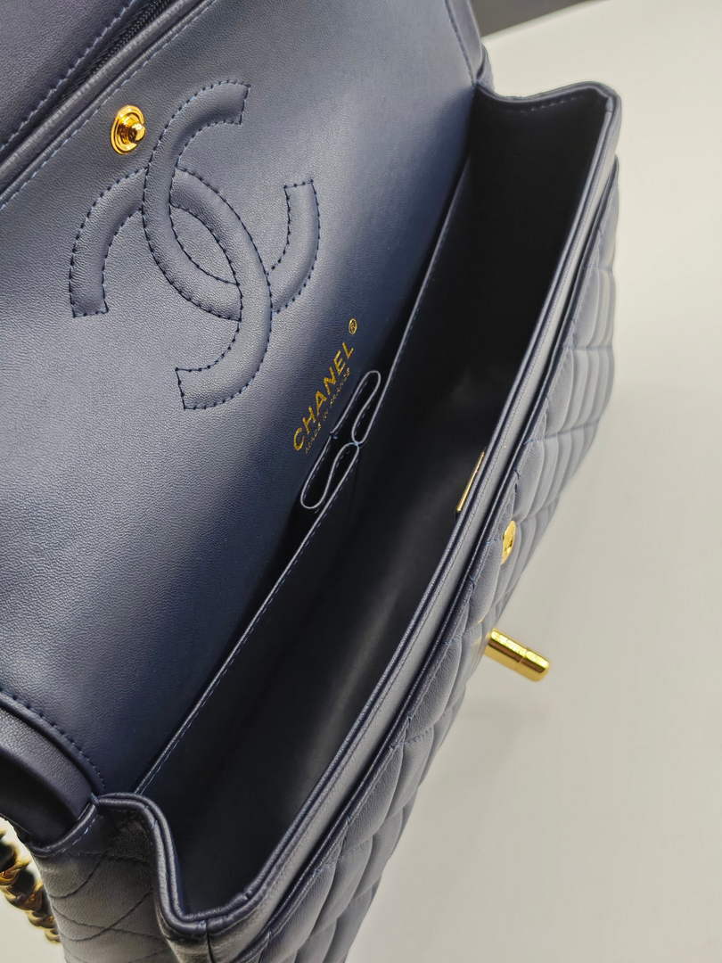Chanel Classic Handbag, A01112 Navy Blue Lambskin Gold