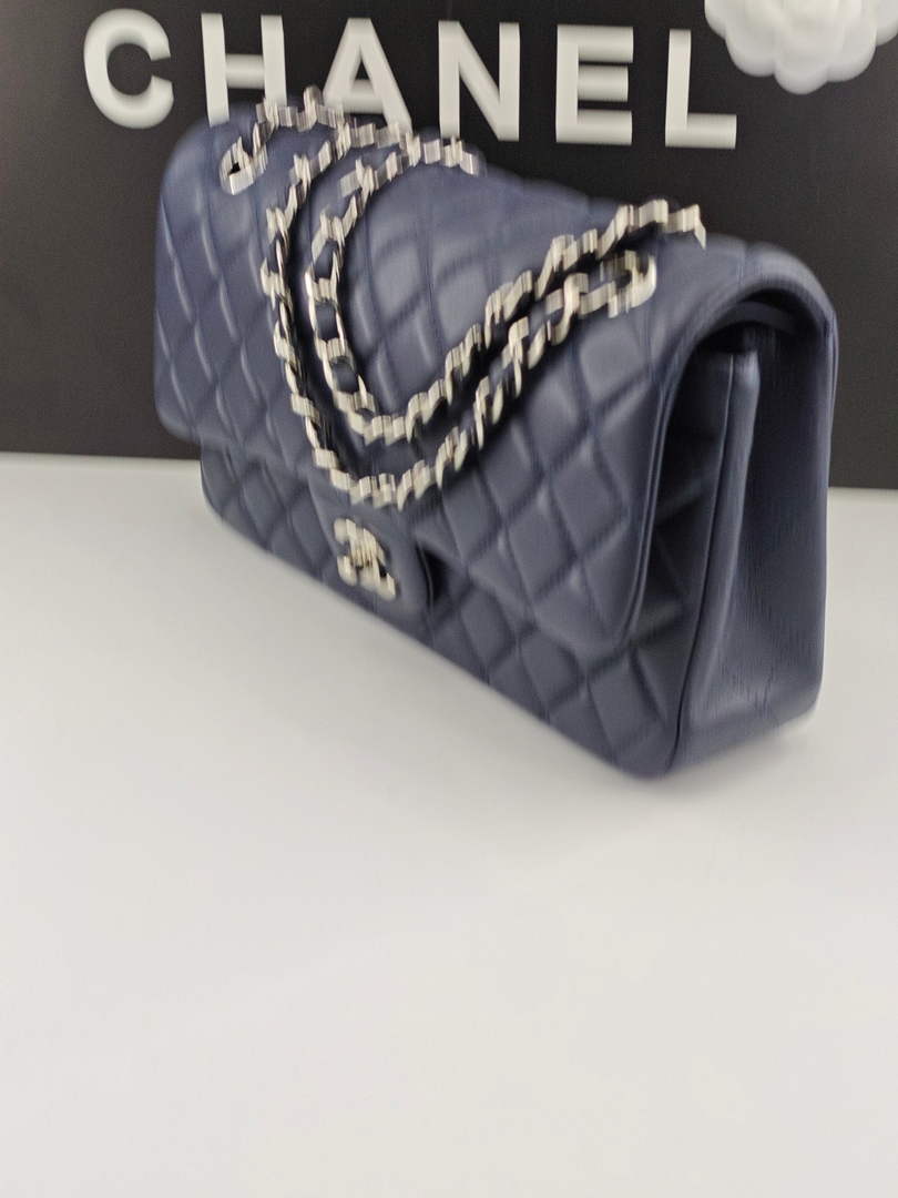 Chanel Classic Handbag, A01112 Navy Blue Lambskin Silver