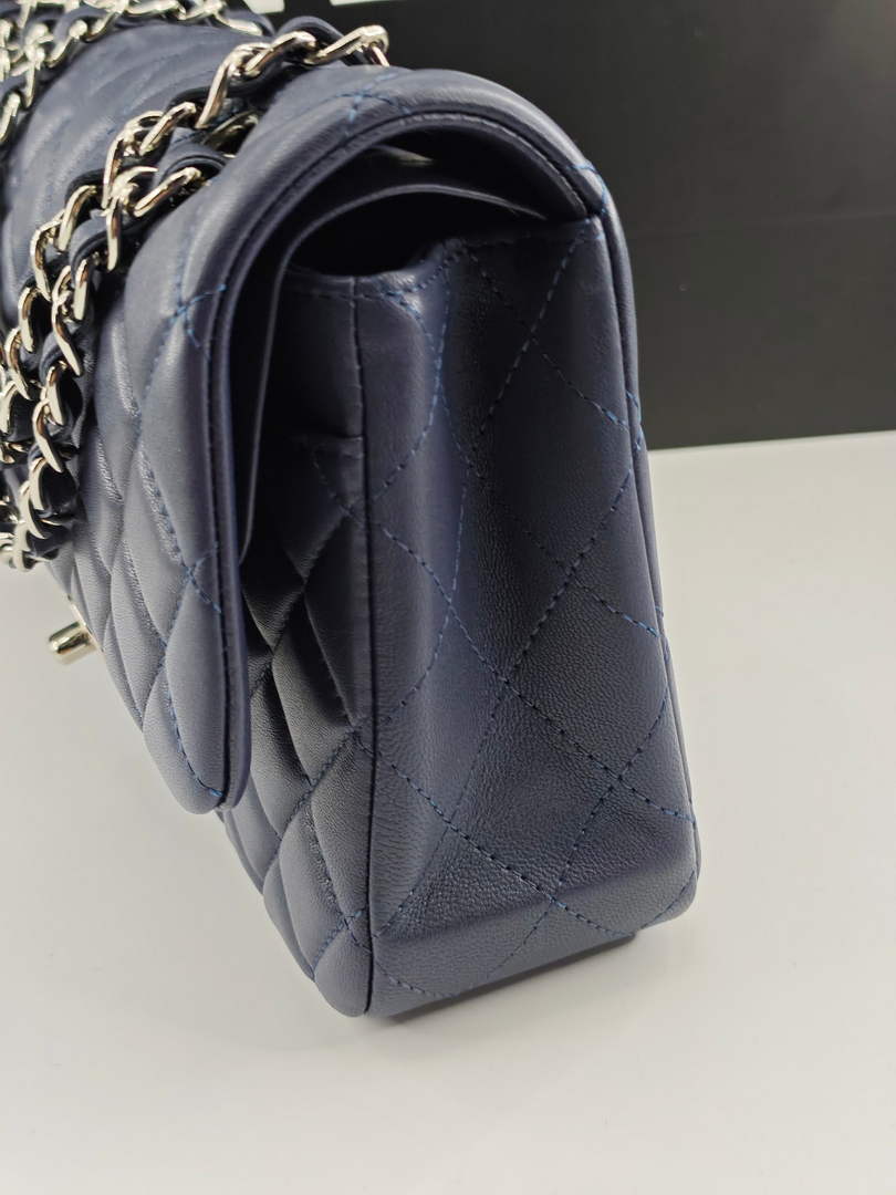 Chanel Classic Handbag, A01112 Navy Blue Lambskin Silver