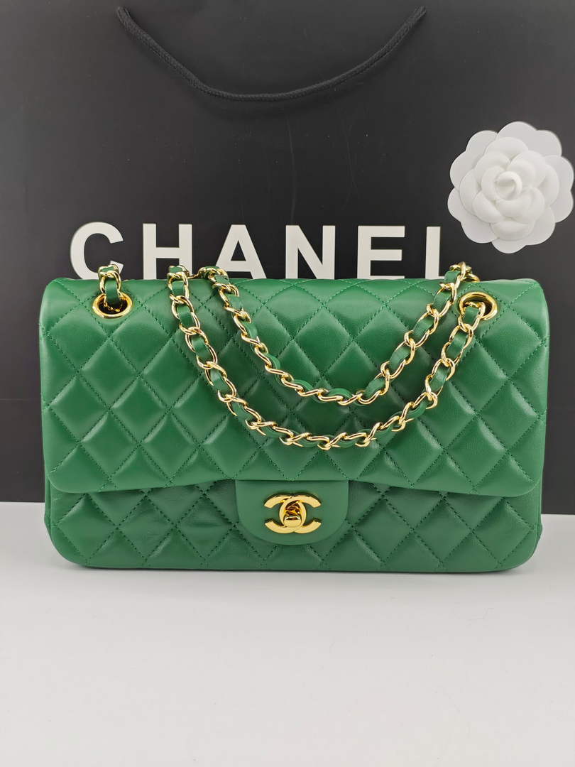 Chanel Classic Handbag, A01112 Green Lambskin Gold