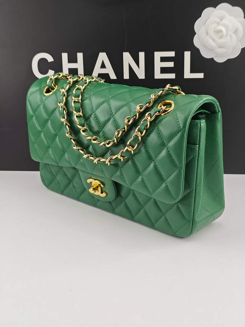 Chanel Classic Handbag, A01112 Green Lambskin Gold