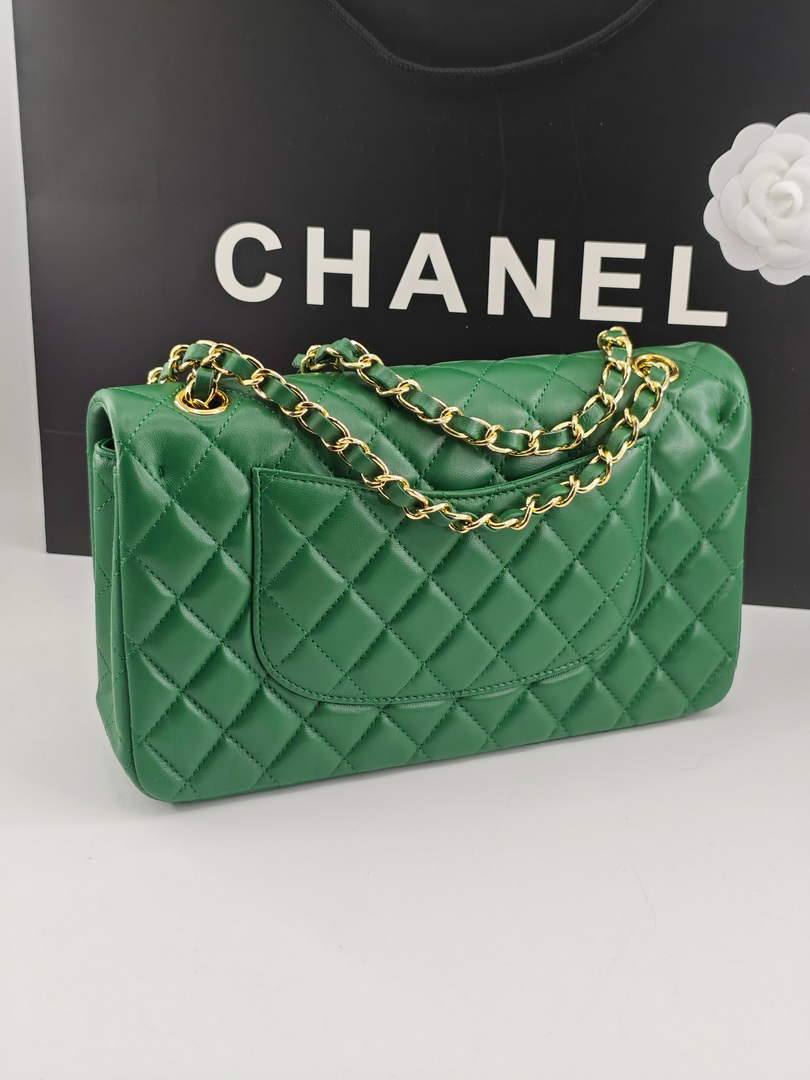Chanel Classic Handbag, A01112 Green Lambskin Gold