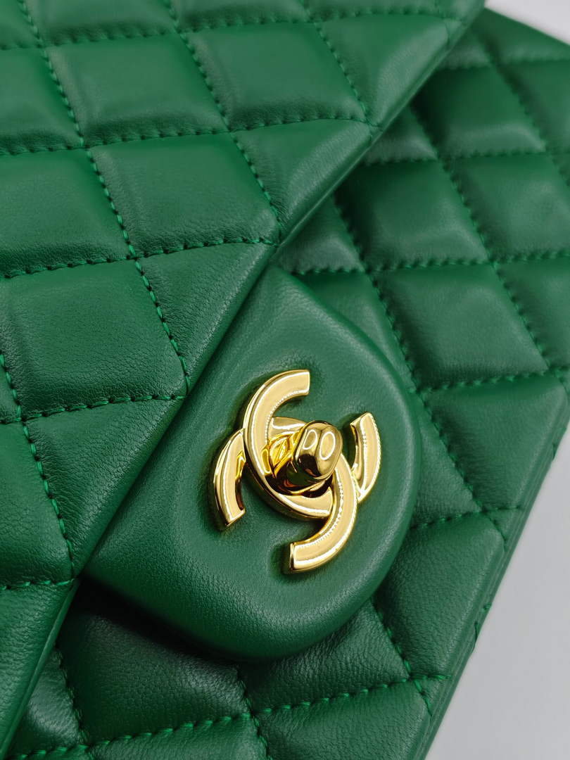 Chanel Classic Handbag, A01112 Green Lambskin Gold