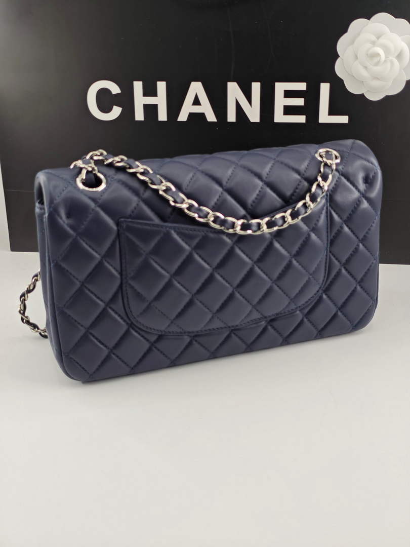 Chanel Classic Handbag, A01112 Navy Blue Lambskin Silver