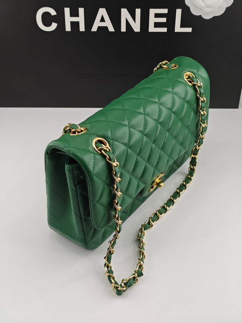 Chanel Classic Handbag, A01112 Green Lambskin Gold