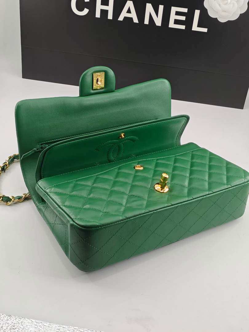 Chanel Classic Handbag, A01112 Green Lambskin Gold