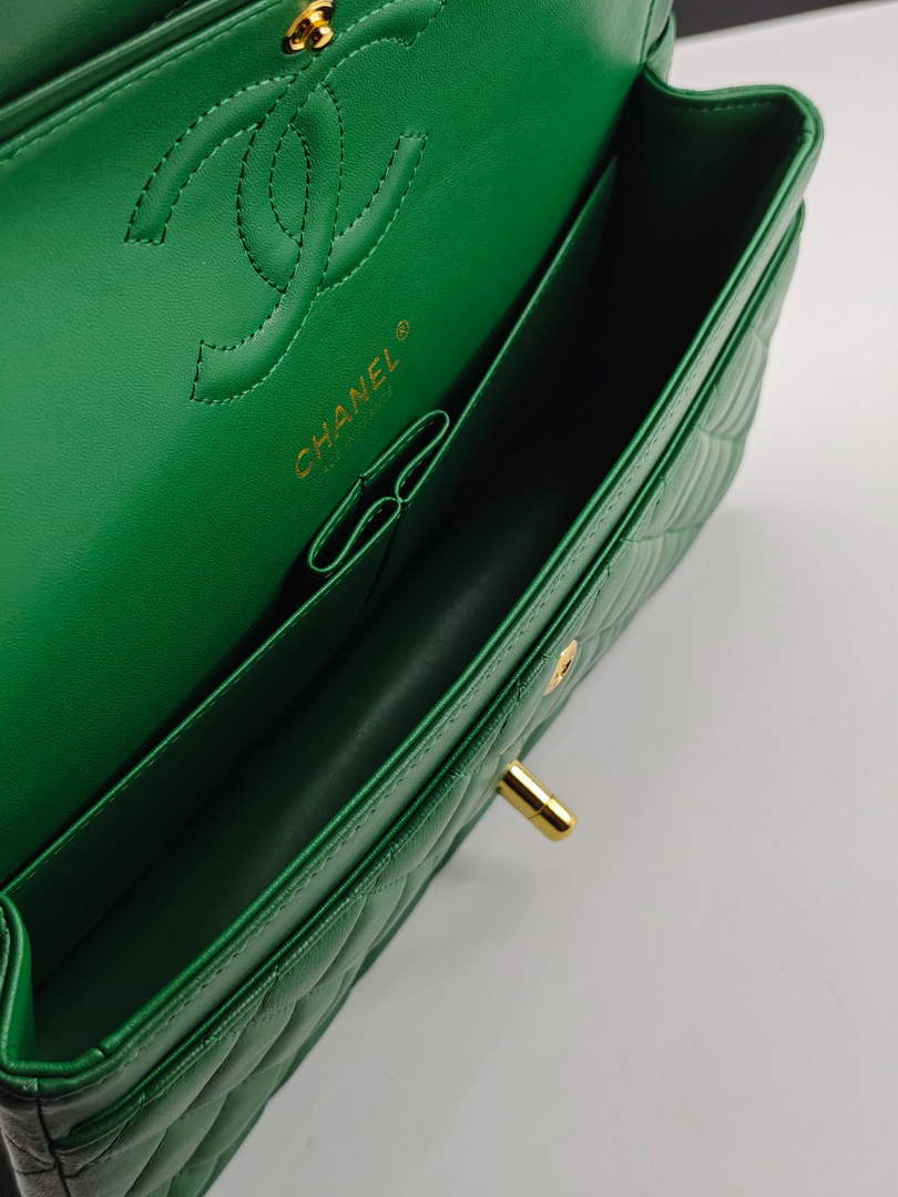 Chanel Classic Handbag, A01112 Green Lambskin Gold