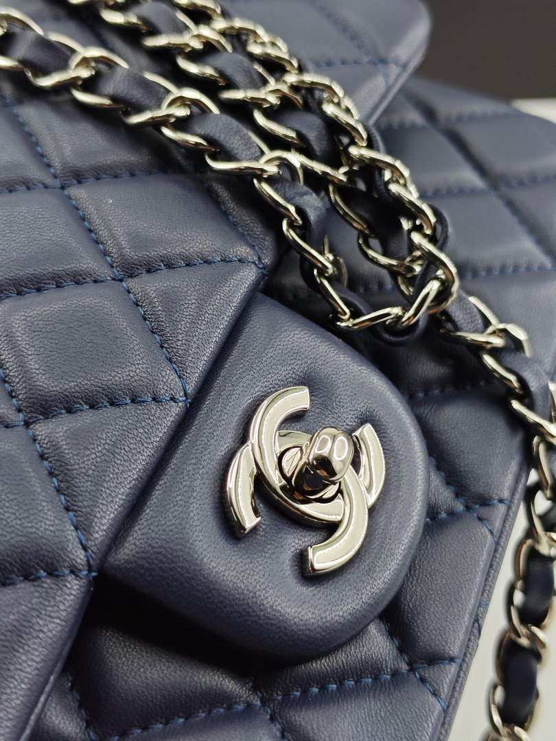 Chanel Classic Handbag, A01112 Navy Blue Lambskin Silver