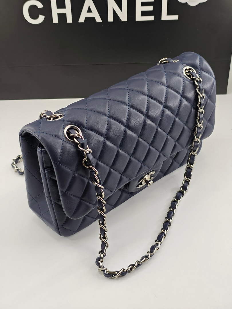 Chanel Classic Handbag, A01112 Navy Blue Lambskin Silver