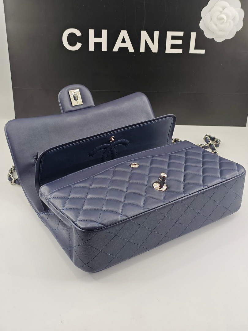 Chanel Classic Handbag, A01112 Navy Blue Lambskin Silver