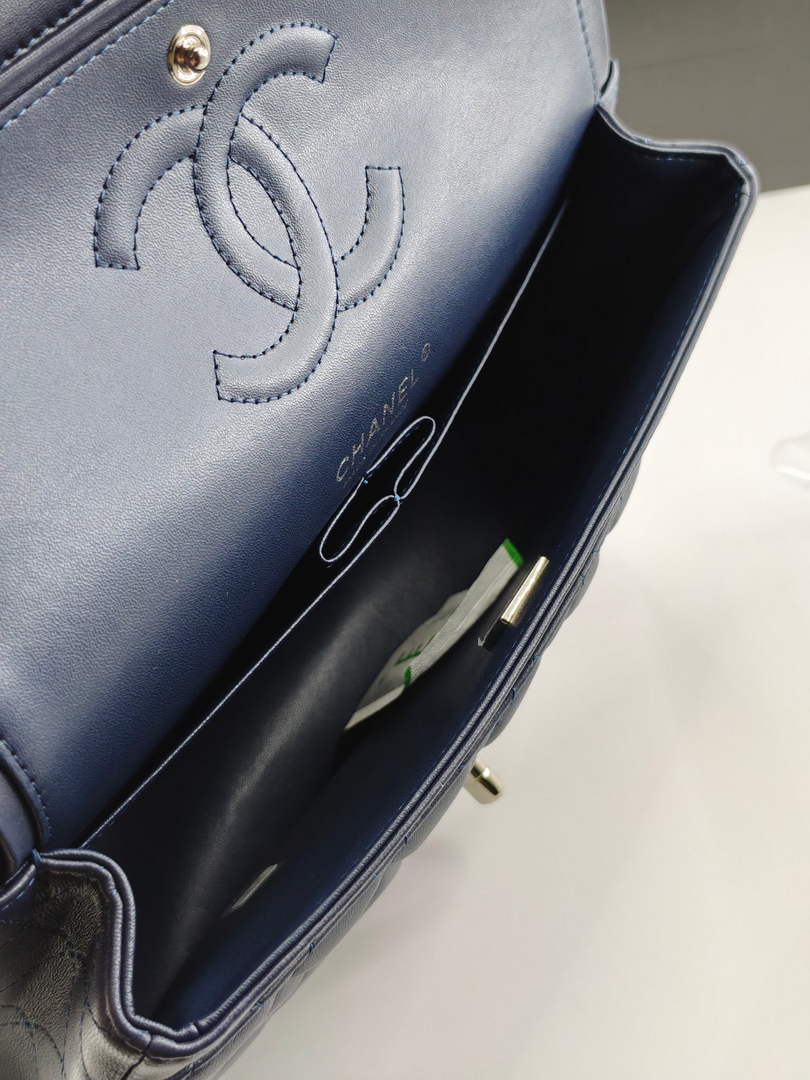 Chanel Classic Handbag, A01112 Navy Blue Lambskin Silver