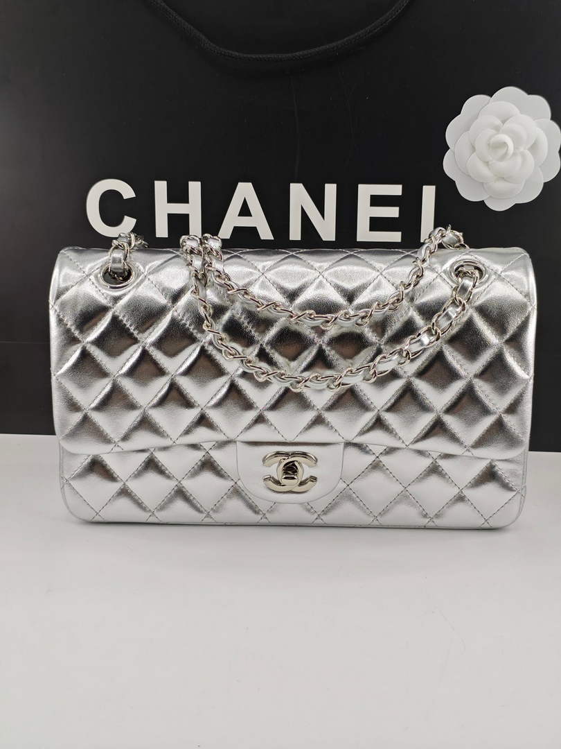 Chanel Classic Handbag, A01112 Silver Lambskin Silver
