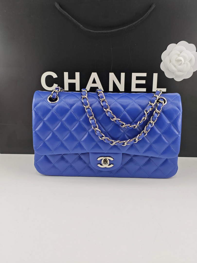 Chanel Classic Handbag, A01112 Dark Blue Lambskin Silver
