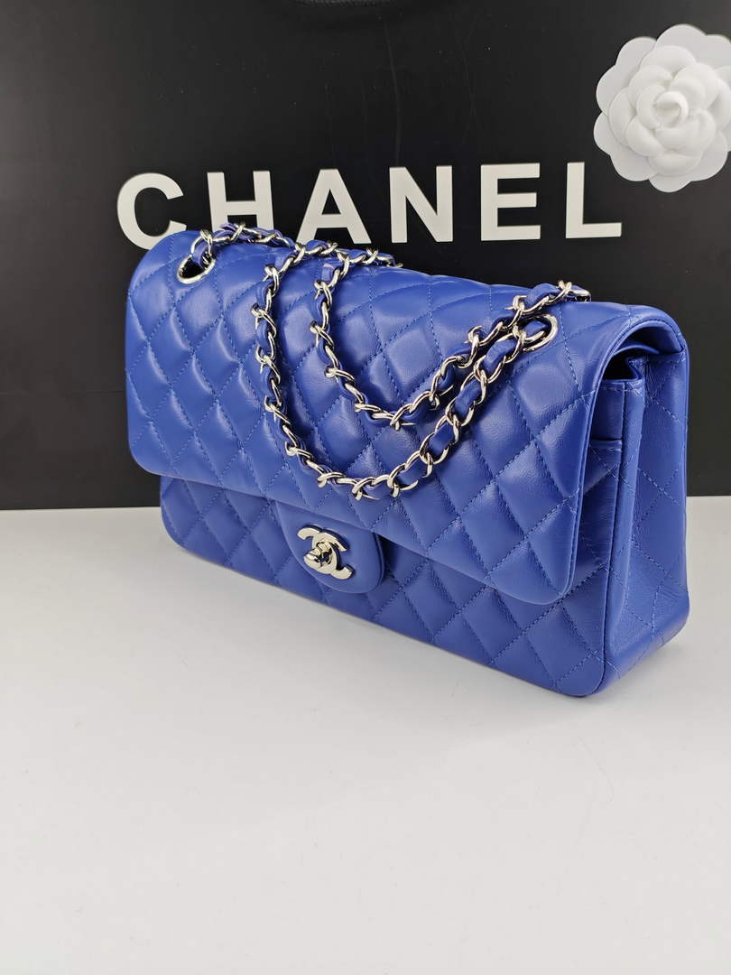 Chanel Classic Handbag, A01112 Dark Blue Lambskin Silver