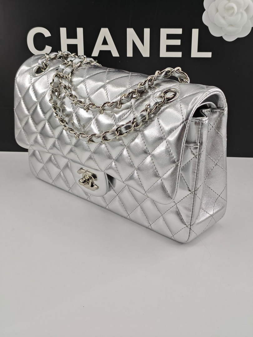 Chanel Classic Handbag, A01112 Silver Lambskin Silver