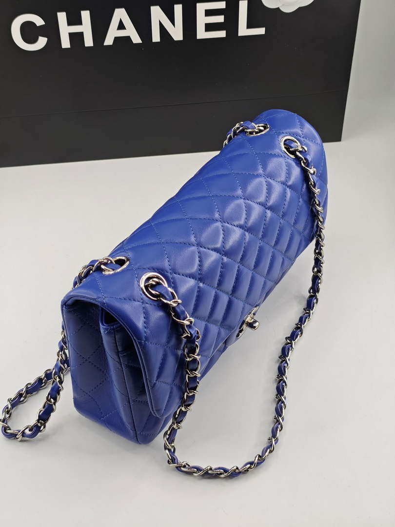 Chanel Classic Handbag, A01112 Dark Blue Lambskin Silver