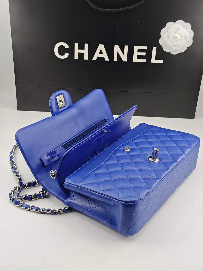 Chanel Classic Handbag, A01112 Dark Blue Lambskin Silver