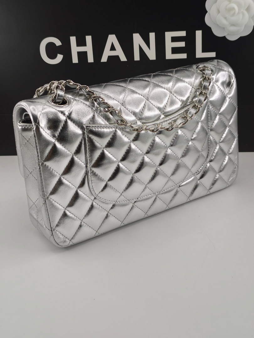 Chanel Classic Handbag, A01112 Silver Lambskin Silver