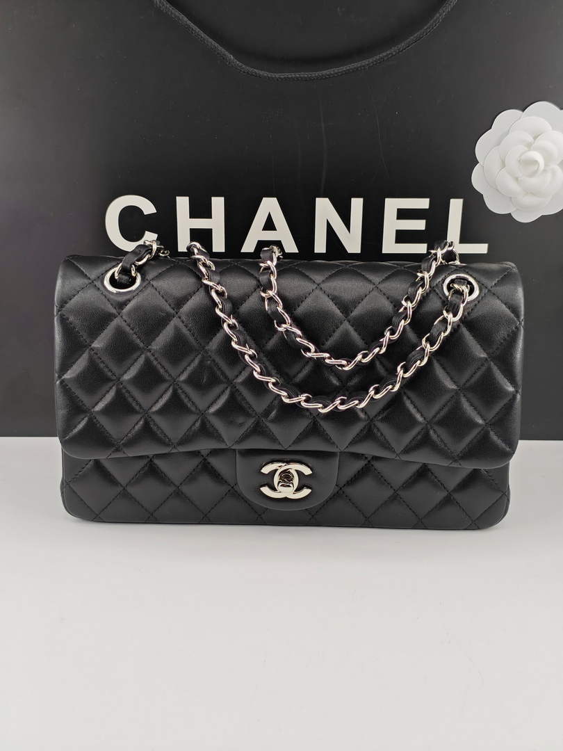 Chanel Classic Handbag, A01112 Black Lambskin Silver