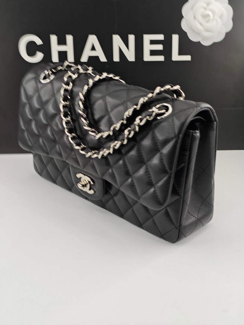Chanel Classic Handbag, A01112 Black Lambskin Silver