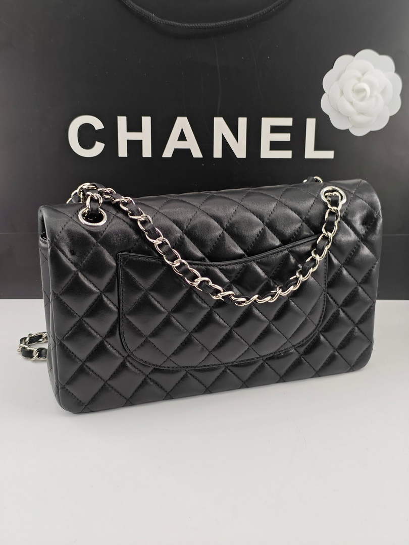 Chanel Classic Handbag, A01112 Black Lambskin Silver
