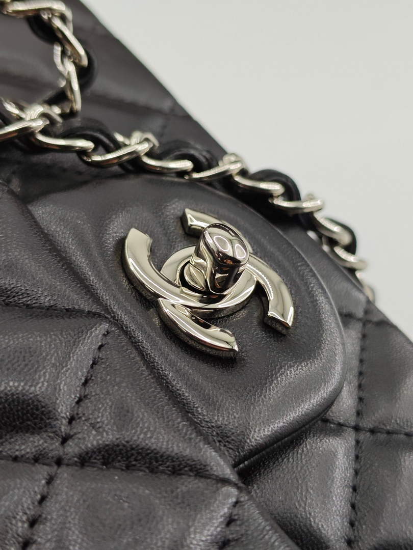 Chanel Classic Handbag, A01112 Black Lambskin Silver