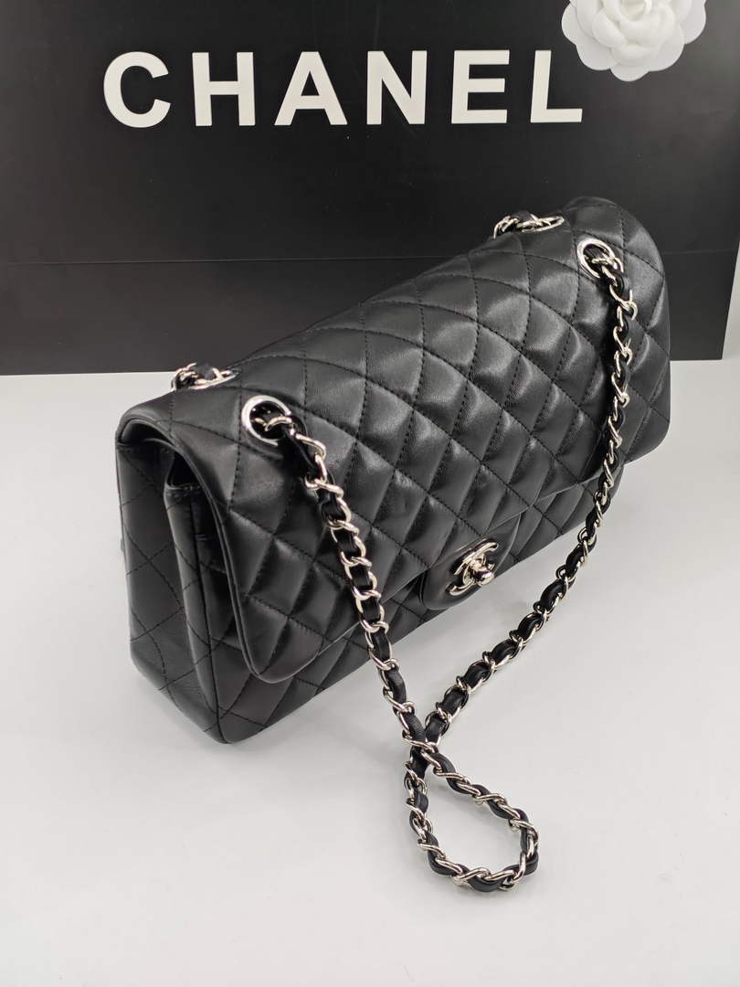 Chanel Classic Handbag, A01112 Black Lambskin Silver
