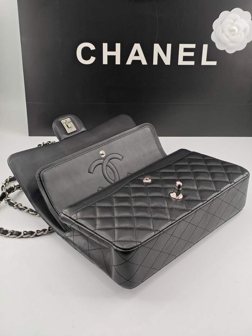 Chanel Classic Handbag, A01112 Black Lambskin Silver