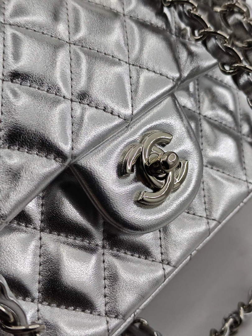 Chanel Classic Handbag, A01112 Silver Lambskin Silver