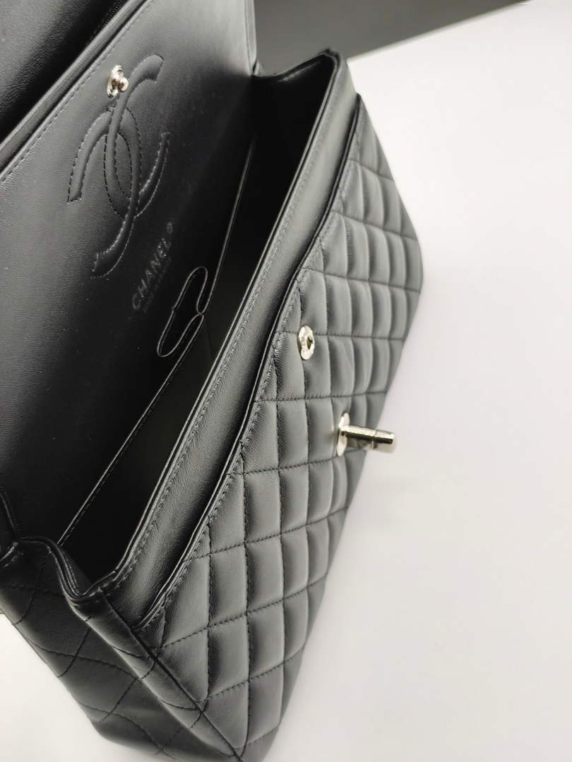 Chanel Classic Handbag, A01112 Black Lambskin Silver